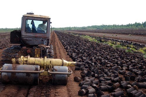 The photo shows one of the methods for producing briquettes from peat: a tractor with a special installation compresses the mass and pushes it out to dry.